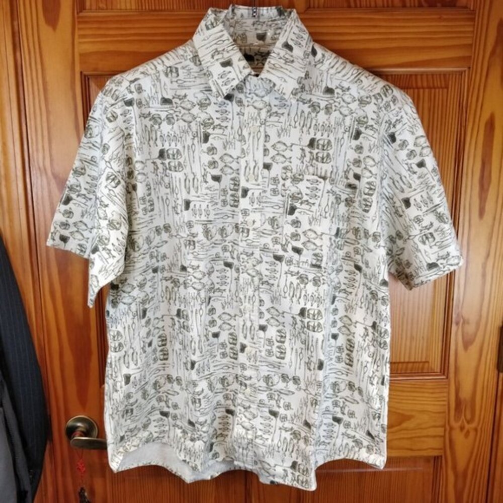 Woolrich Fishing Print Button Down Shirt Cotton XL Green Nature Hiking F… - Picture 2 of 6